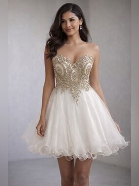 Strapless Gold-Embellished White Prom Dress Size Medium